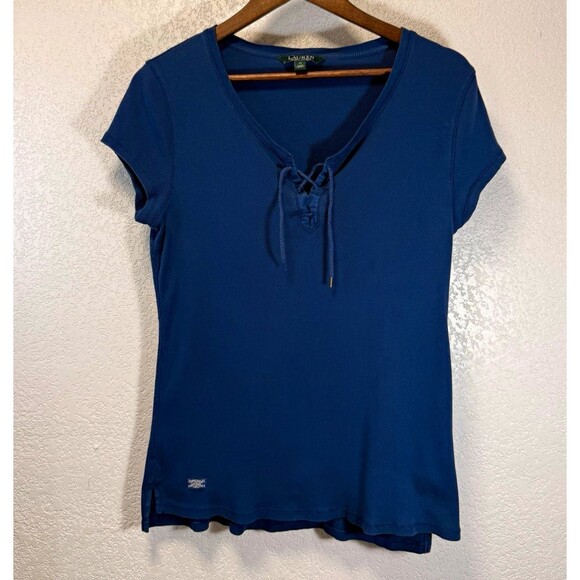 Lauren Ralph Lauren Tops - Lauren Ralph Lauren Women’s XL Blue Ribbed Lace Up V Neck Cotton T Shirt
